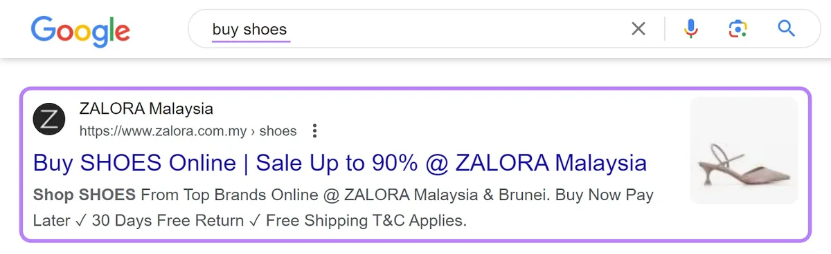 Zalora 针对“buy shoes”关键词的 PPC 广告