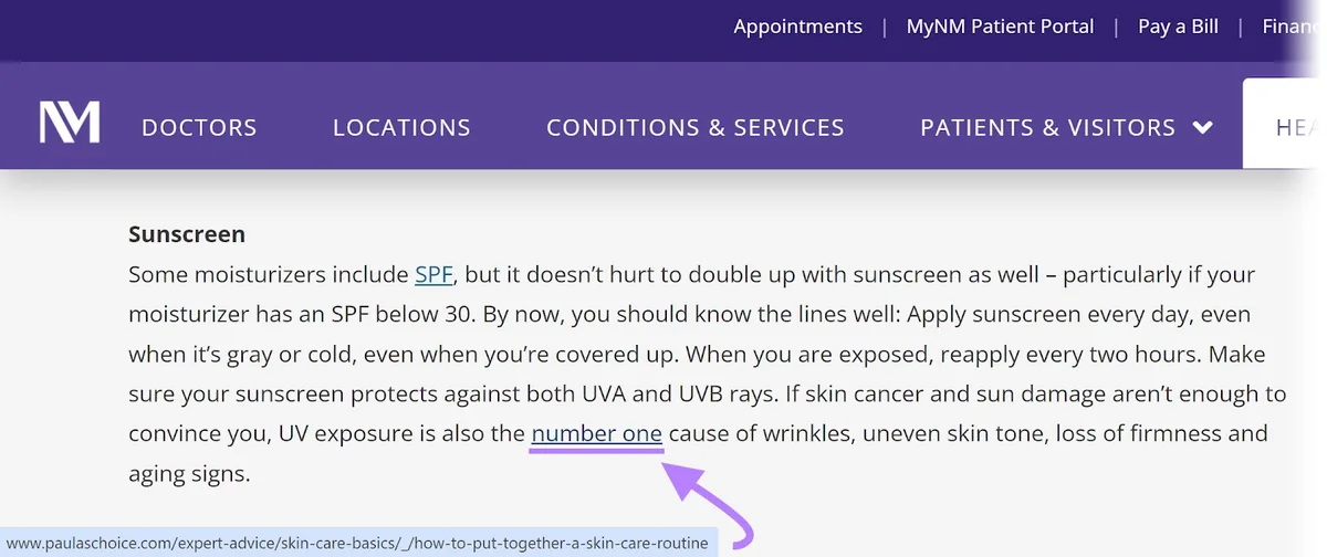 Northwestern Medicine 的文章，突出显示指向“Paula's Choice”的 dofollow 链接