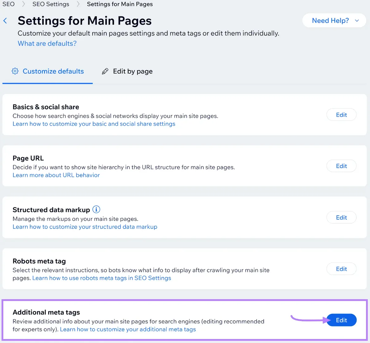 Main Pages 的 SEO 设置，用紫色方框突出显示最后一部分“Additional meta tags”