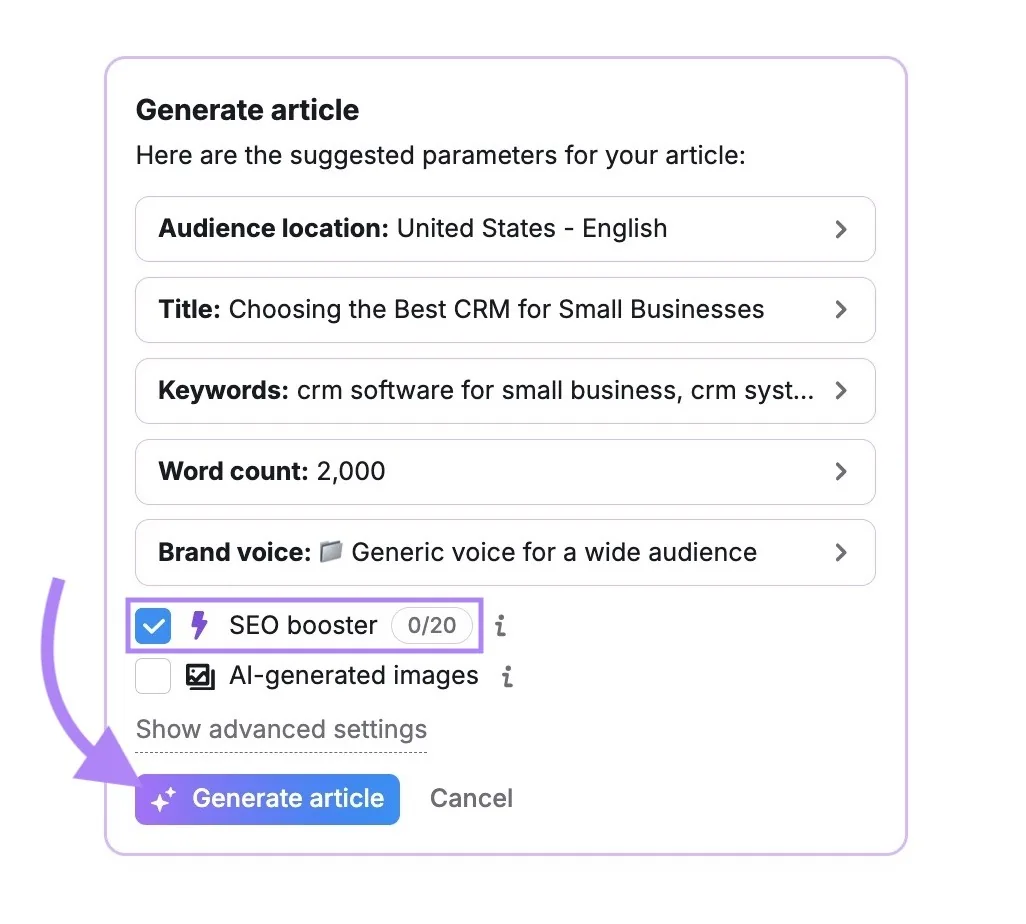 AI Article Generator 设置界面,勾选“SEO booster”并点击“Generate article”。