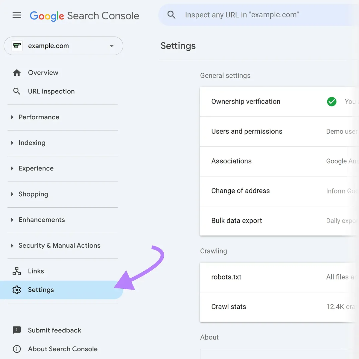 Google Search Console 左侧边栏中的“Settings”菜单已高亮显示