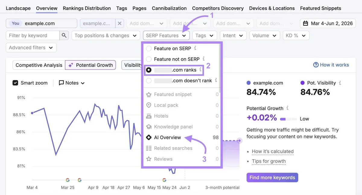 应用过滤器,仅显示 Position Tracking 工具中出现在 AI 概览里的关键词。