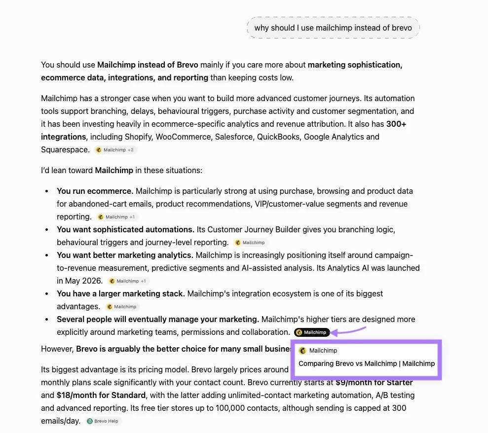 Mailchimp 的 Brevo 对比页面被 ChatGPT 引用为提示词“why should i use mailchimp instead of brevo”的来源。