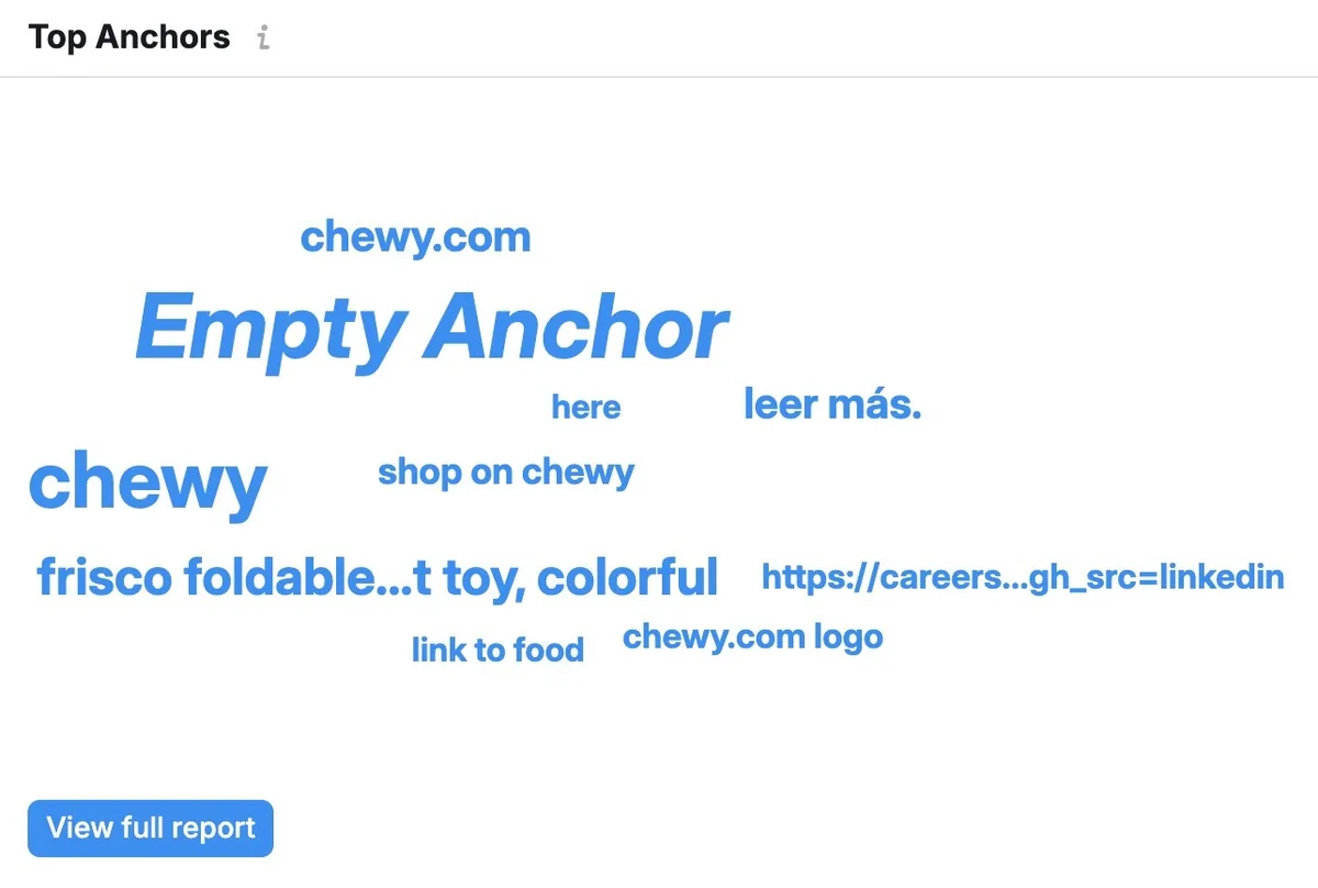 Backlink Checker 应用上的“Top Anchors”小部件,显示其他网站如何链接到某域名。