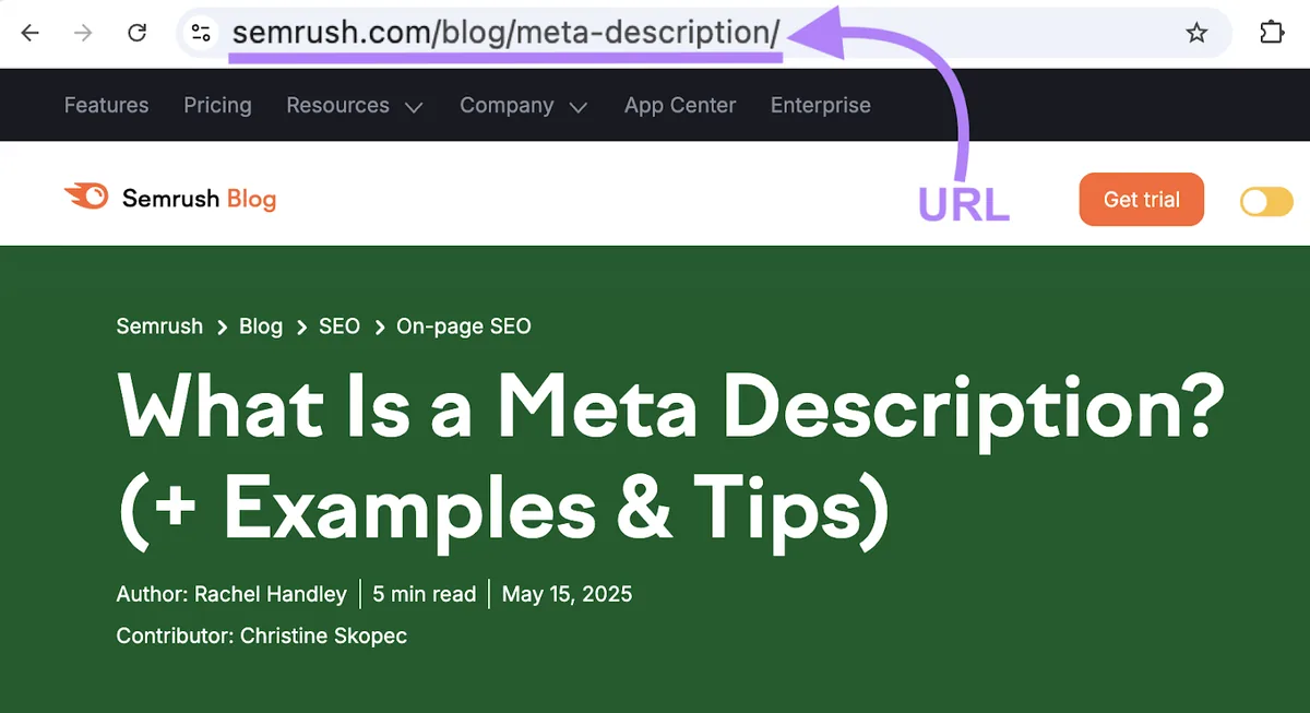 此示例中的 URL 是 semrush.com/blog/meta-description。