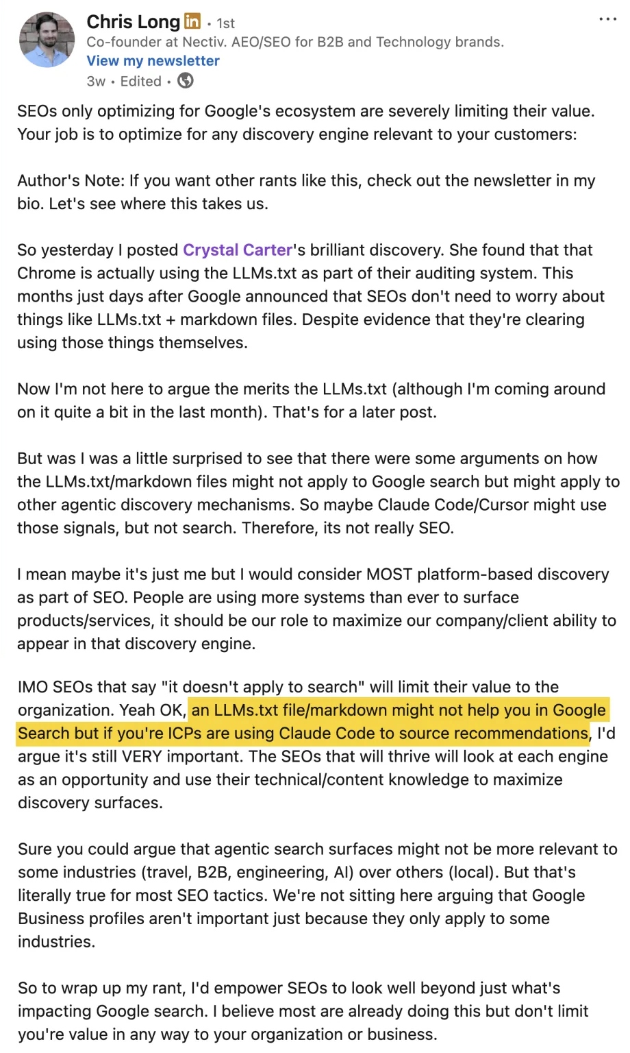 Chris Long llms.txt 的 LinkedIn 帖子