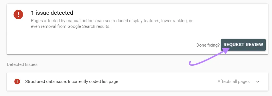 Manual Actions 报告中选择的“Request review”按钮