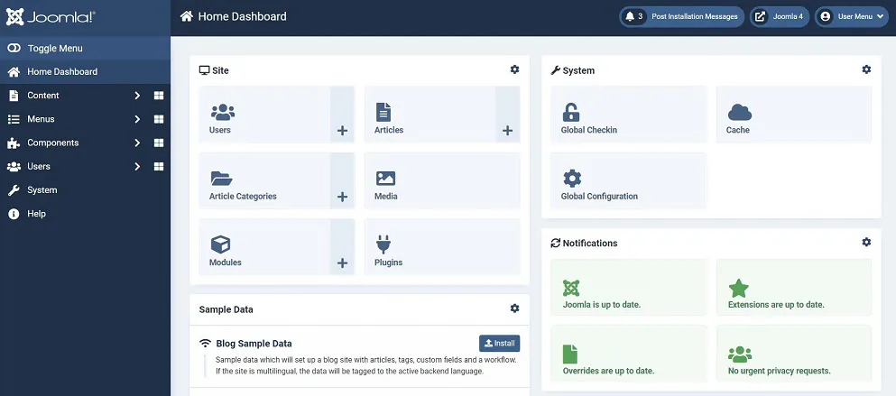 Joomla 主页仪表板