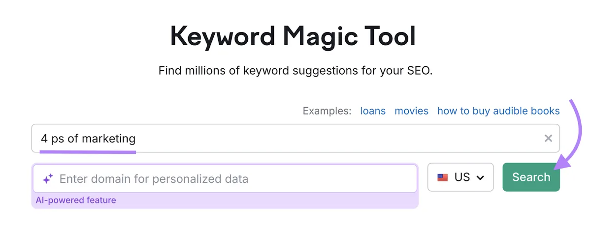 在 Keyword Magic Tool 中关键词搜索