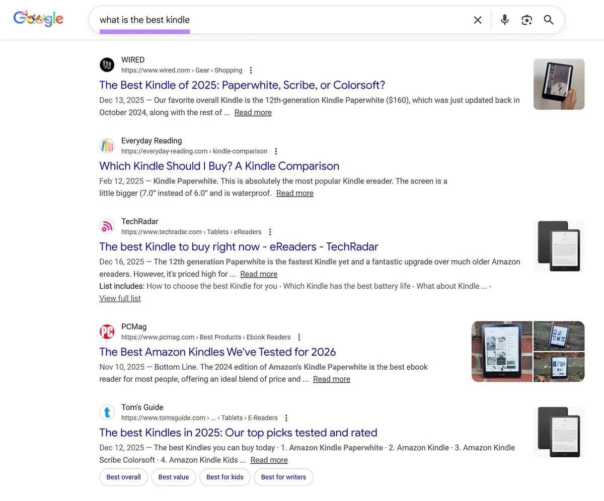 Google 搜索结果页面,展示“what is the best kindle”查询中排名前列的文章。