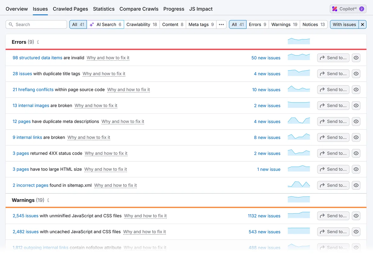 Issues 报告视图,带有 AI Search、Crawlability、Content 和 Meta tags 的筛选器。