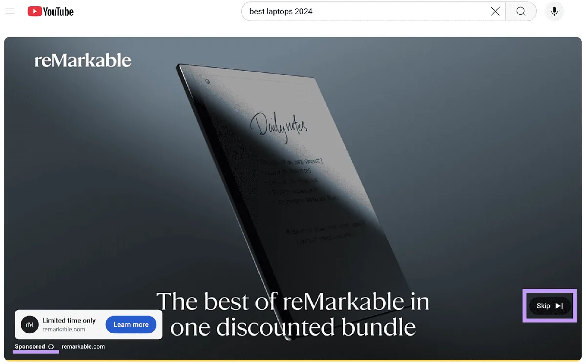 YouTube 上 reMarkable 的视频广告