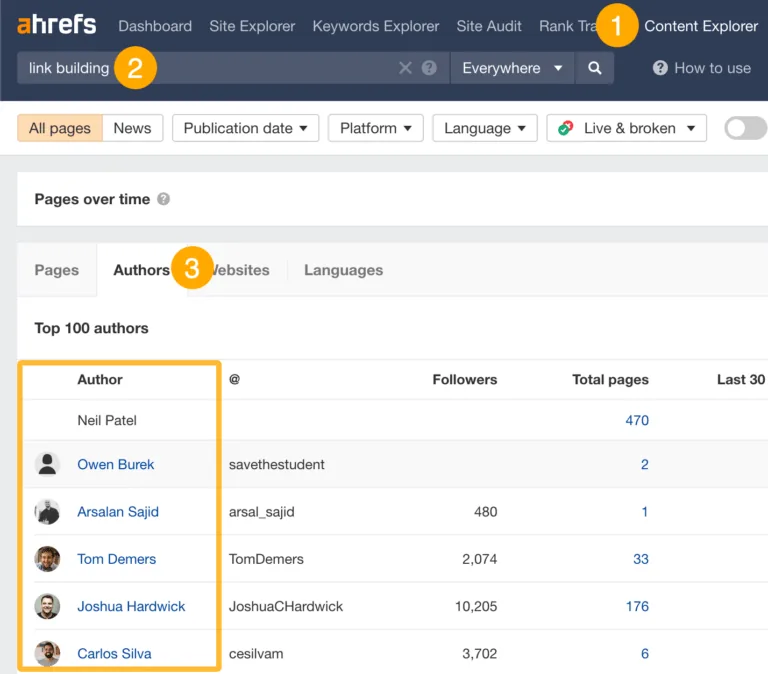 如何在 Ahrefs 的 Content Explorer 中查找专家