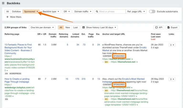 在 Site Explorer 中查找赞助型反向链接 - Ahrefs
