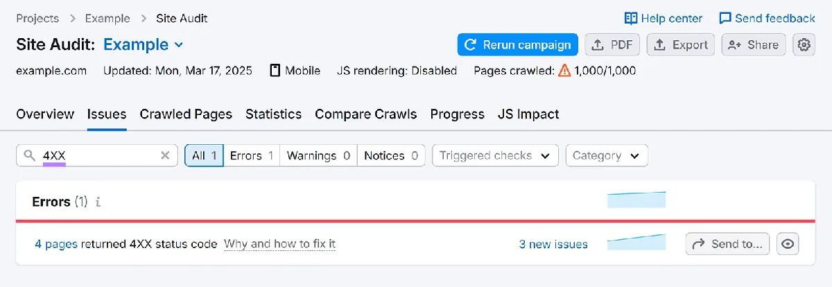 Semrush Site Audit 的 Issues 页面,搜索栏中为“4xx”,错误部分显示“4 pages returned 4xx status code”行