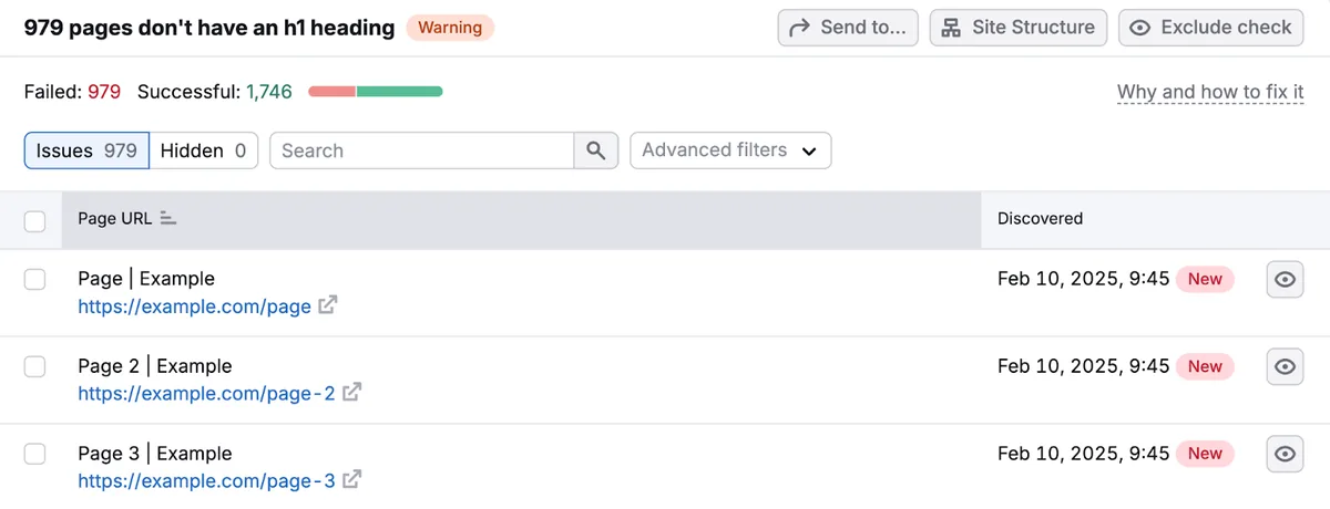 Site Audit 列出存在标题标签错误的页面、其 URL 及发现时间。