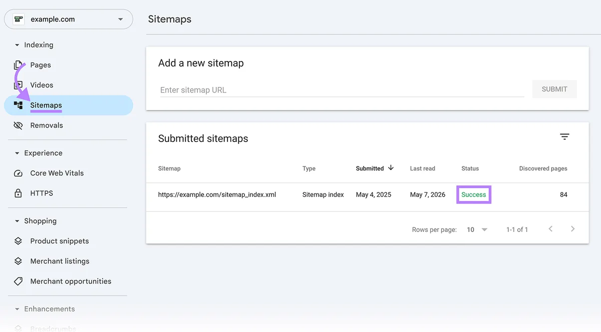 Google Search Console“站点地图”报告,显示站点地图提交成功及已编入索引的页面数量