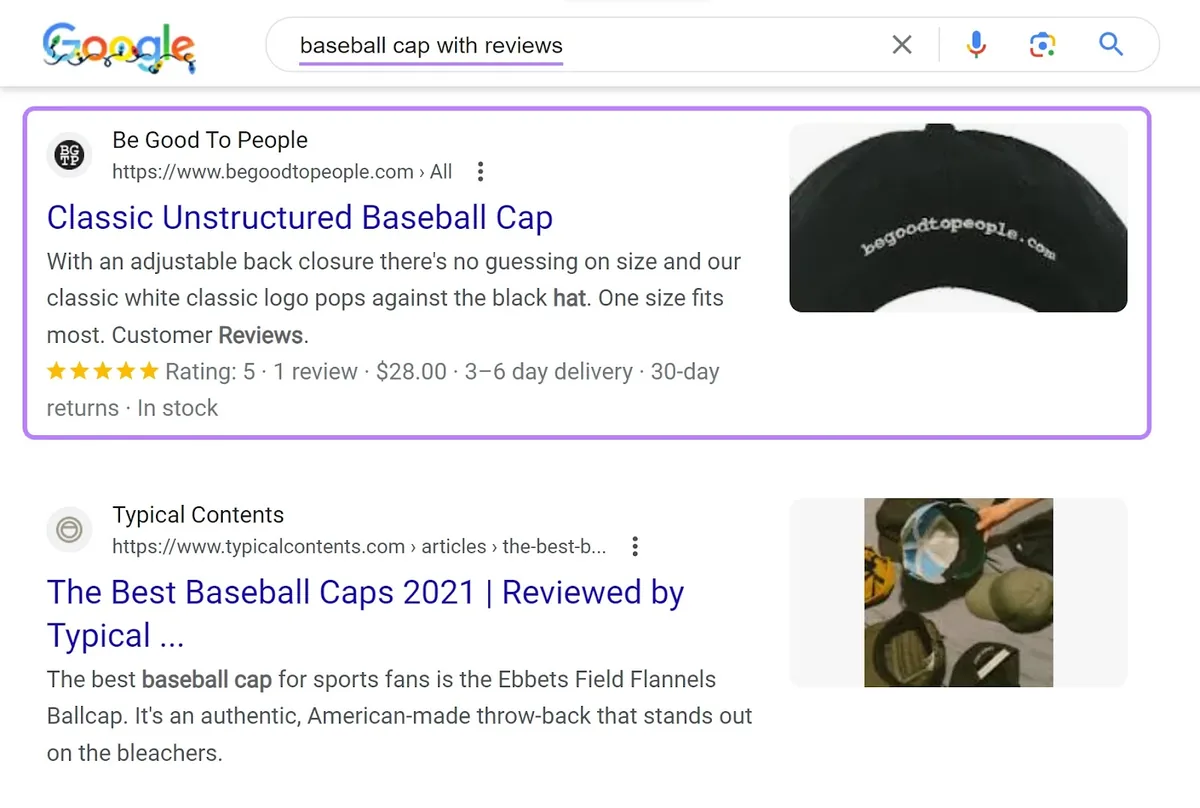 “baseball cap with reviews”的 Google 搜索结果,星级评分已高亮显示