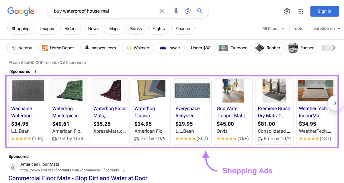 查询“buy waterproof house mat”的 Google 购物广告
