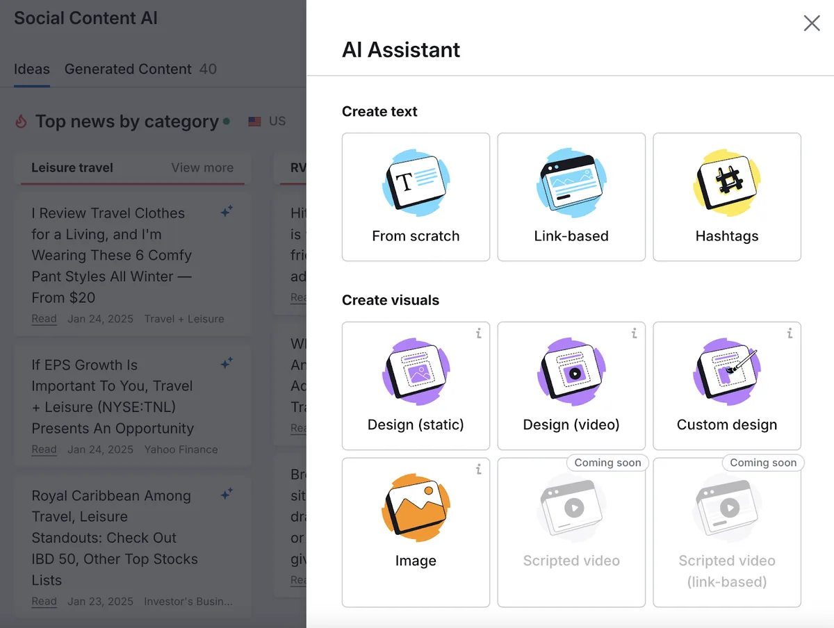 Semrush Social Content AI Assistant 可为你的社交媒体活动创建文案和视觉素材。