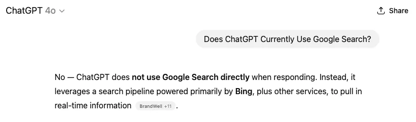 此处的回复写道：“No—ChatGPT does not use Google Search directly...”
