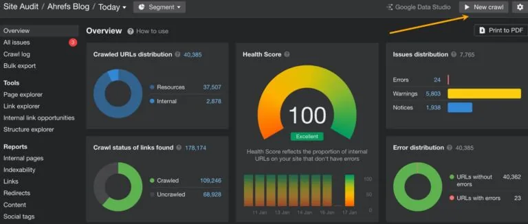 在 Site Audit 中启动新的抓取。