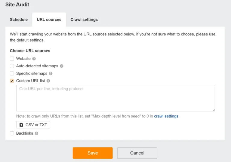你可以在 Site Audit 中添加自定义的 URL 列表以抓取