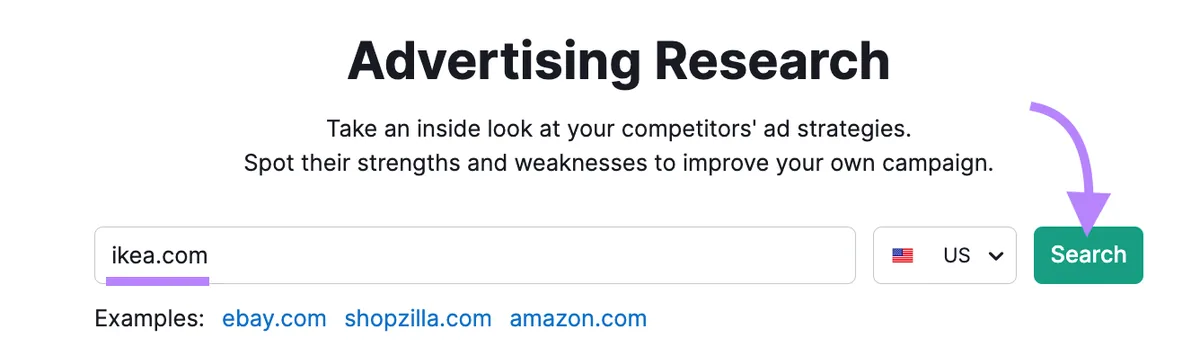 在 Advertising Research 搜索栏中输入的“ikea.com”