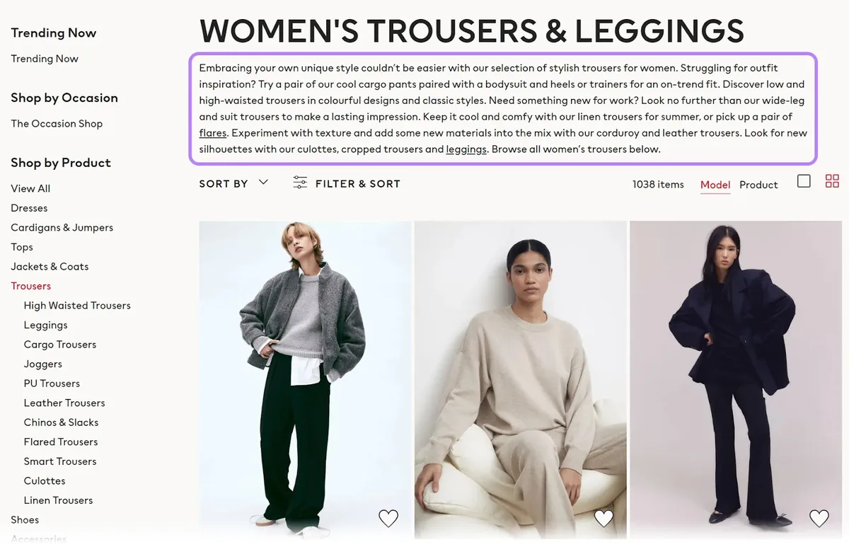 “Women's Trousers & Leggings”h1 标签下的一段文字