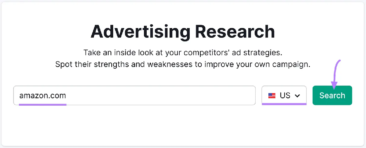 在 Advertising Research 搜索栏中输入的“amazon.com”