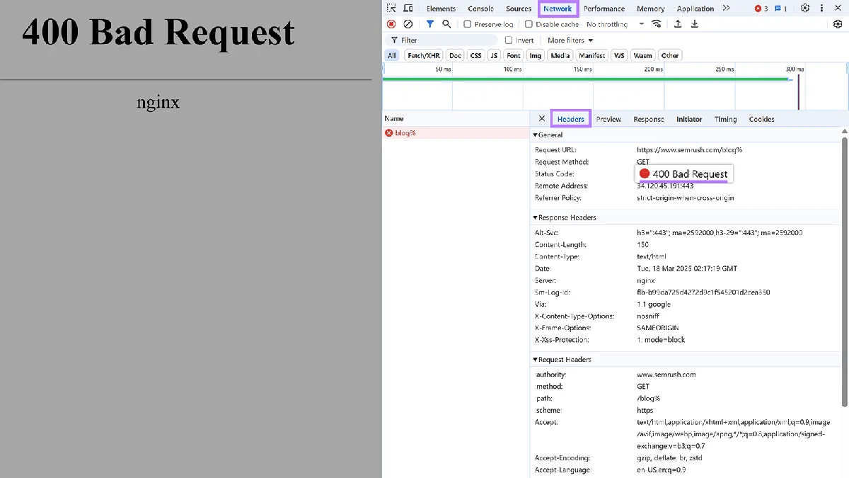 Chrome 网页开发者工具已打开 Network 标签页并选中 Headers 标签,400 错误请求错误页面的状态代码错误高亮