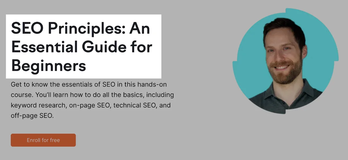 Semrush Academy 课程的 H1 标签，内容为：“SEO Principles: An Essential Guide for Beginners”
