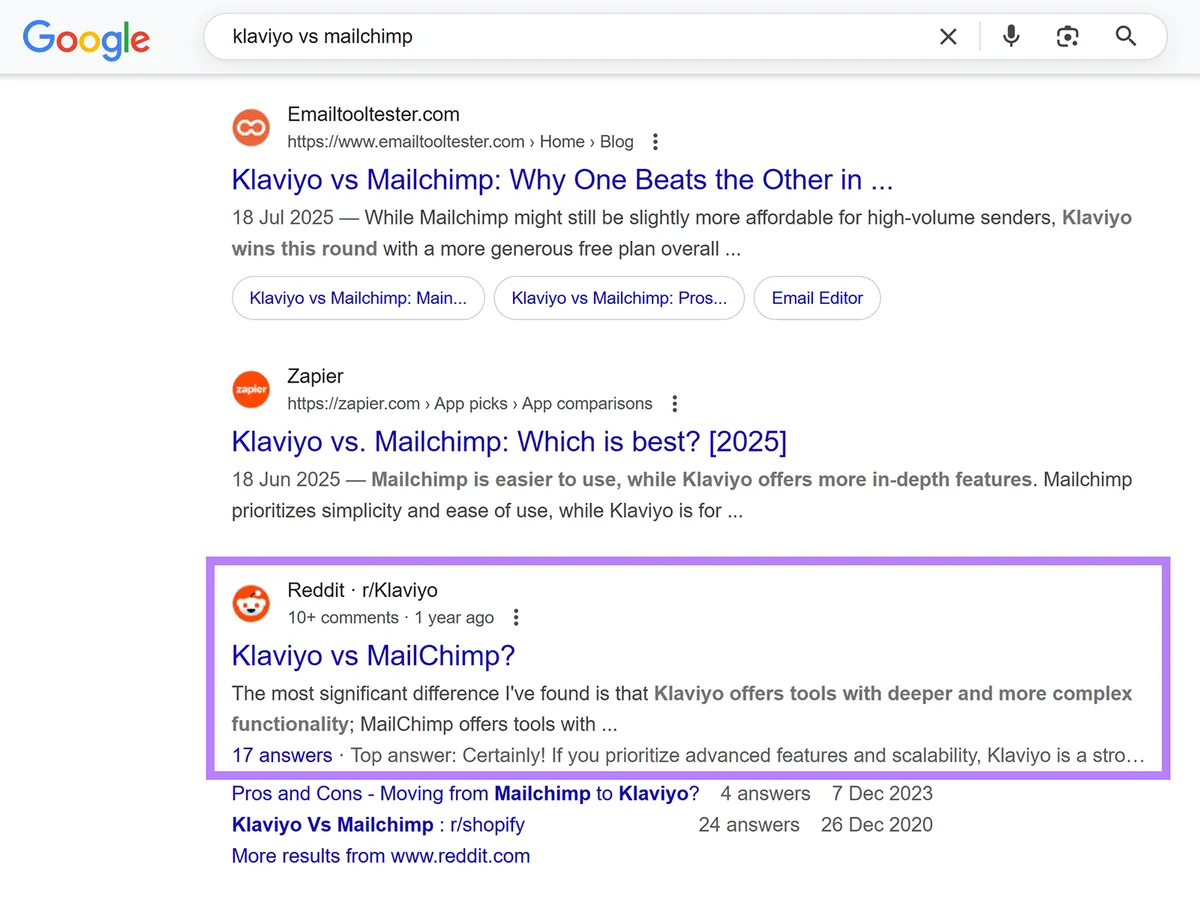 “klaviyo vs mailchimp”的 Google 搜索结果,Reddit 帖子已高亮显示。