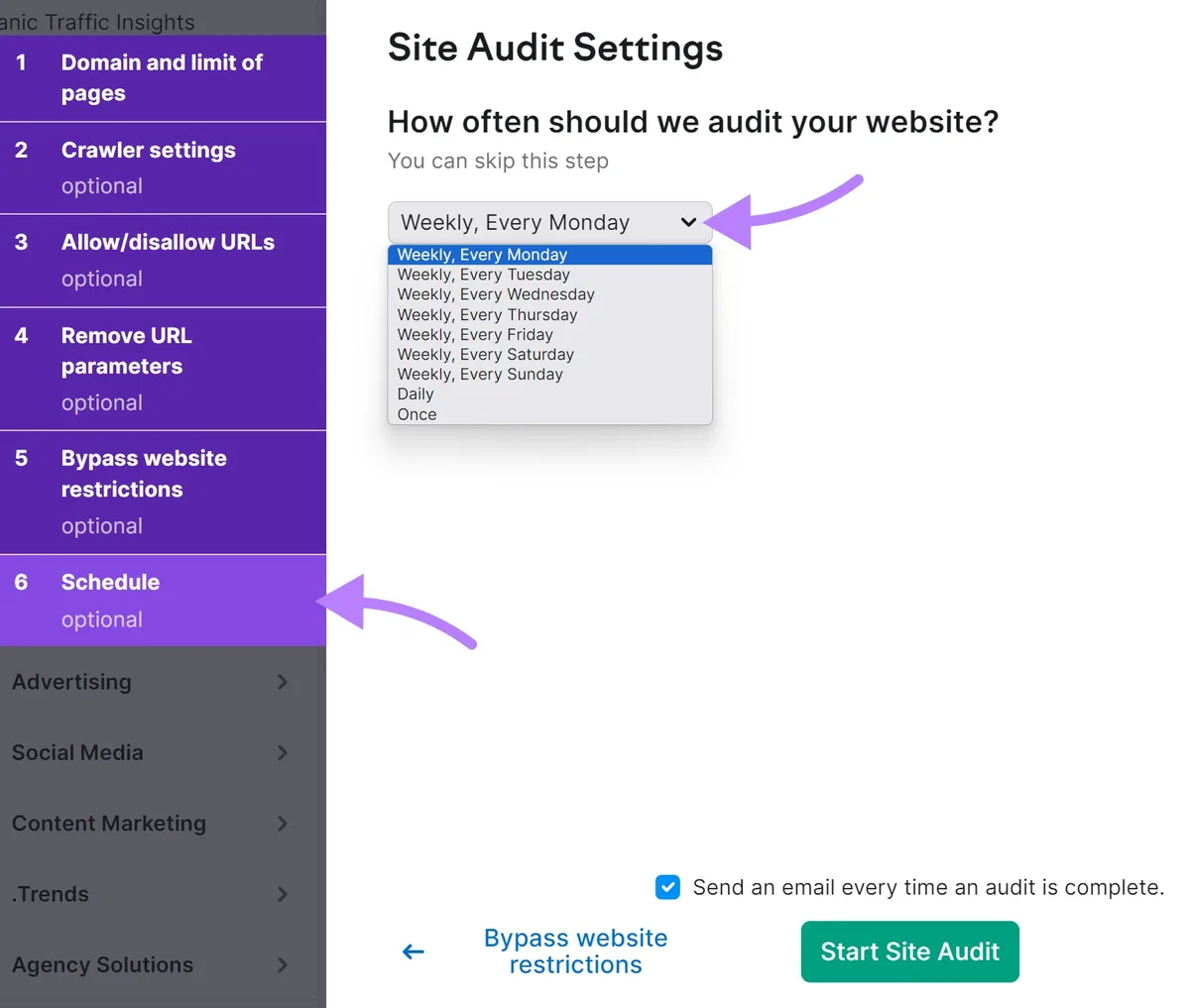Site Audit 设置中的“我们应多久审核一次你的网站?”窗口