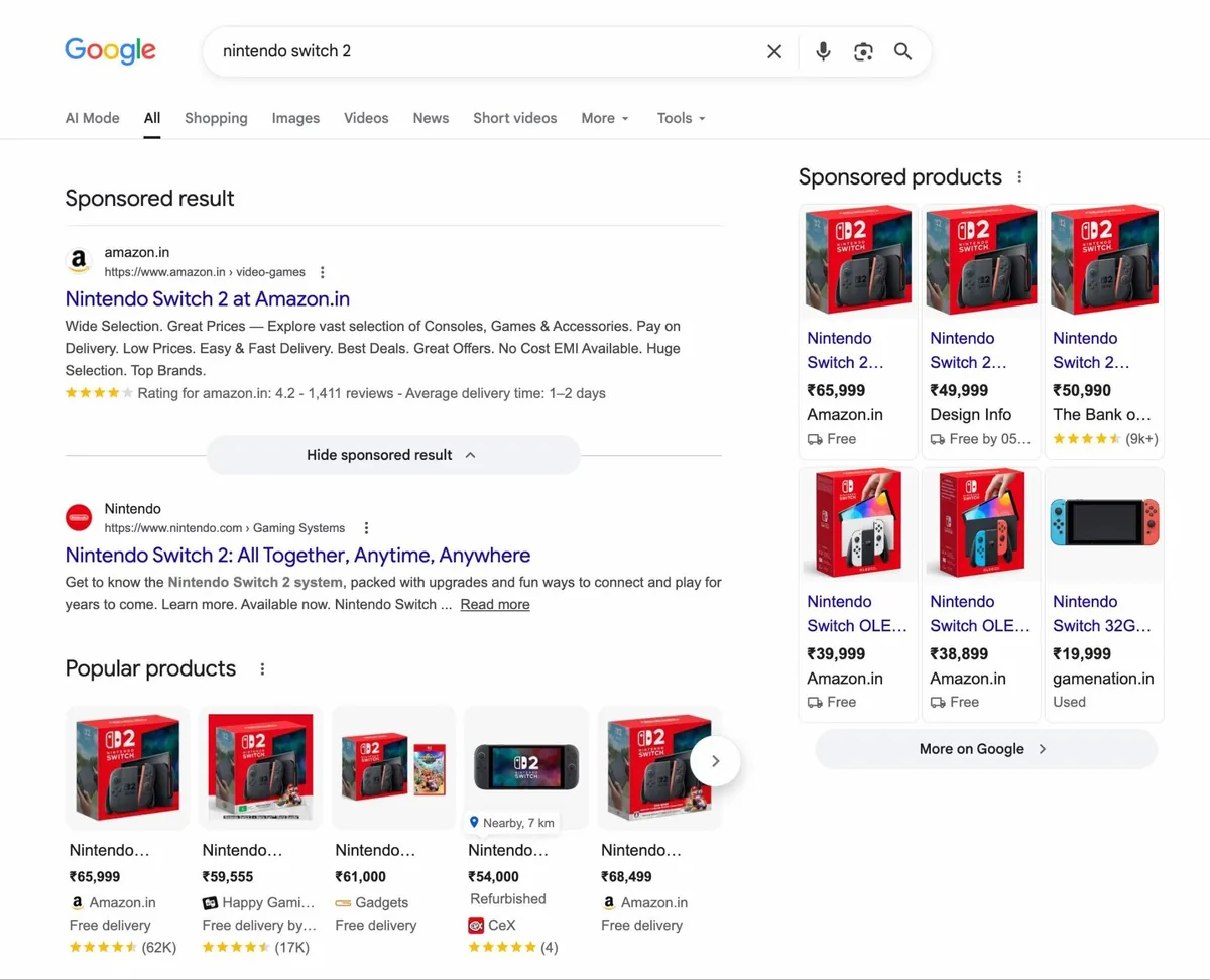 “nintendo switch 2”的 Google 搜索结果页面被商品列表广告和产品页面占据。