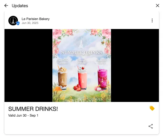 Le Parisien Bakery 创建的 Google 帖子,宣传夏季饮品优惠。