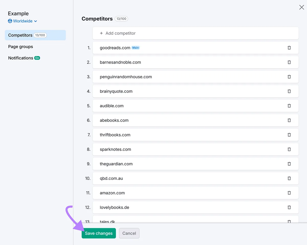 Traffic & Market Toolkit 竞争对手域名,箭头指向“Save changes”按钮。