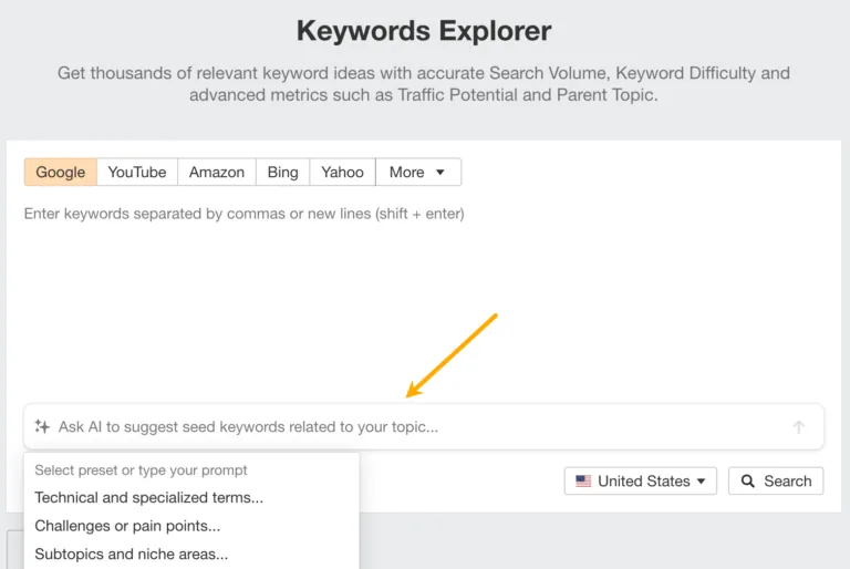用 Keywords Explorer 的 AI 功能生成关键词创意。
