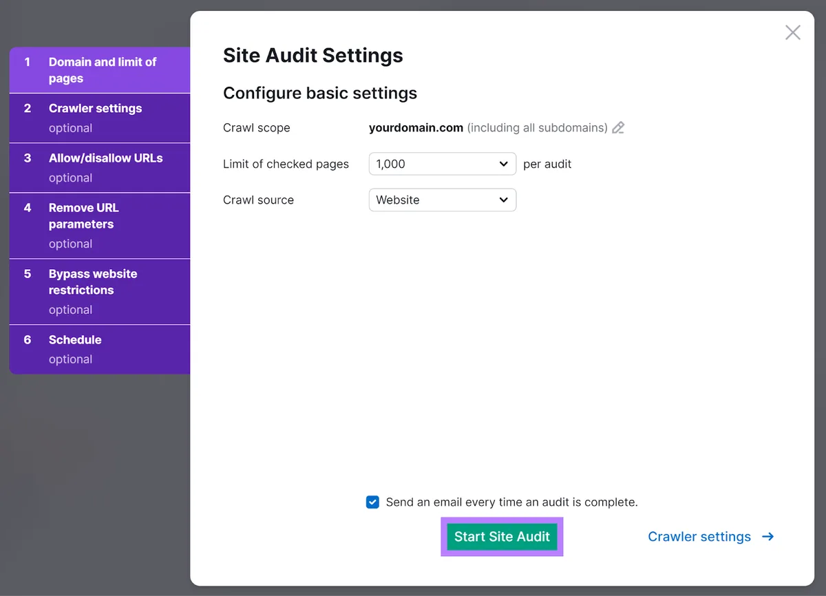 Site Audit 设置弹窗，高亮 Start Site Audit 按钮