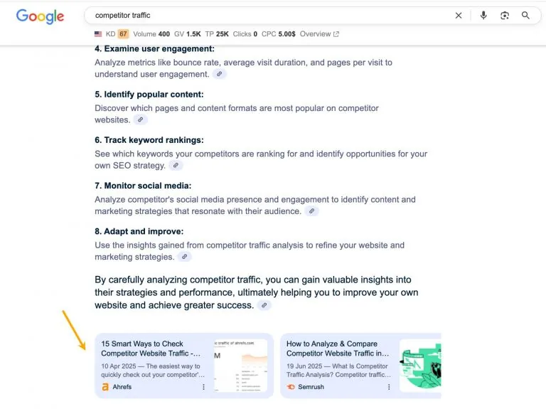 一张带有 AI Overview 的 Google 搜索结果页面截图。橙色箭头指向该 overview 的底部，那里以可点击卡片的形式显示了来自 Ahrefs 和 Semrush 的两个来源链接。