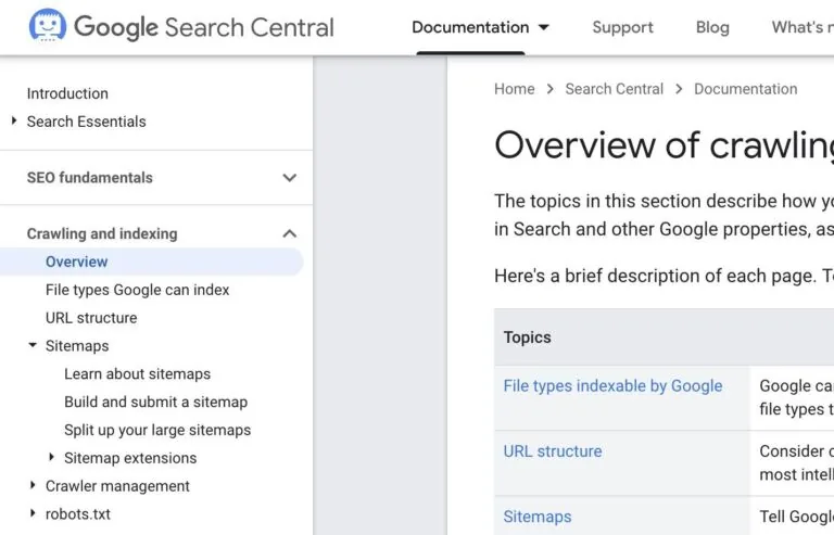 Google Search Central 上的侧边栏层级导航
