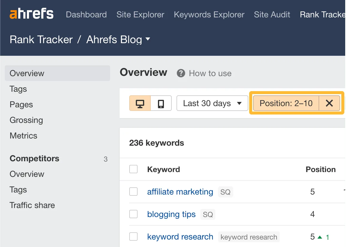 在 Ahrefs 中筛选排名较低的第一页关键词