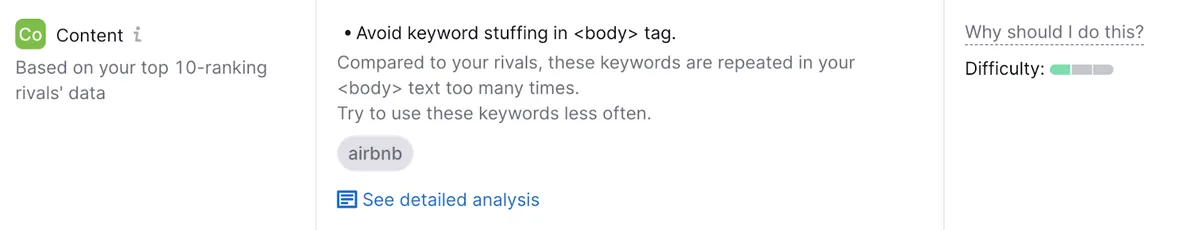 “Avoid keyword stuffing in <body> tag.”建议