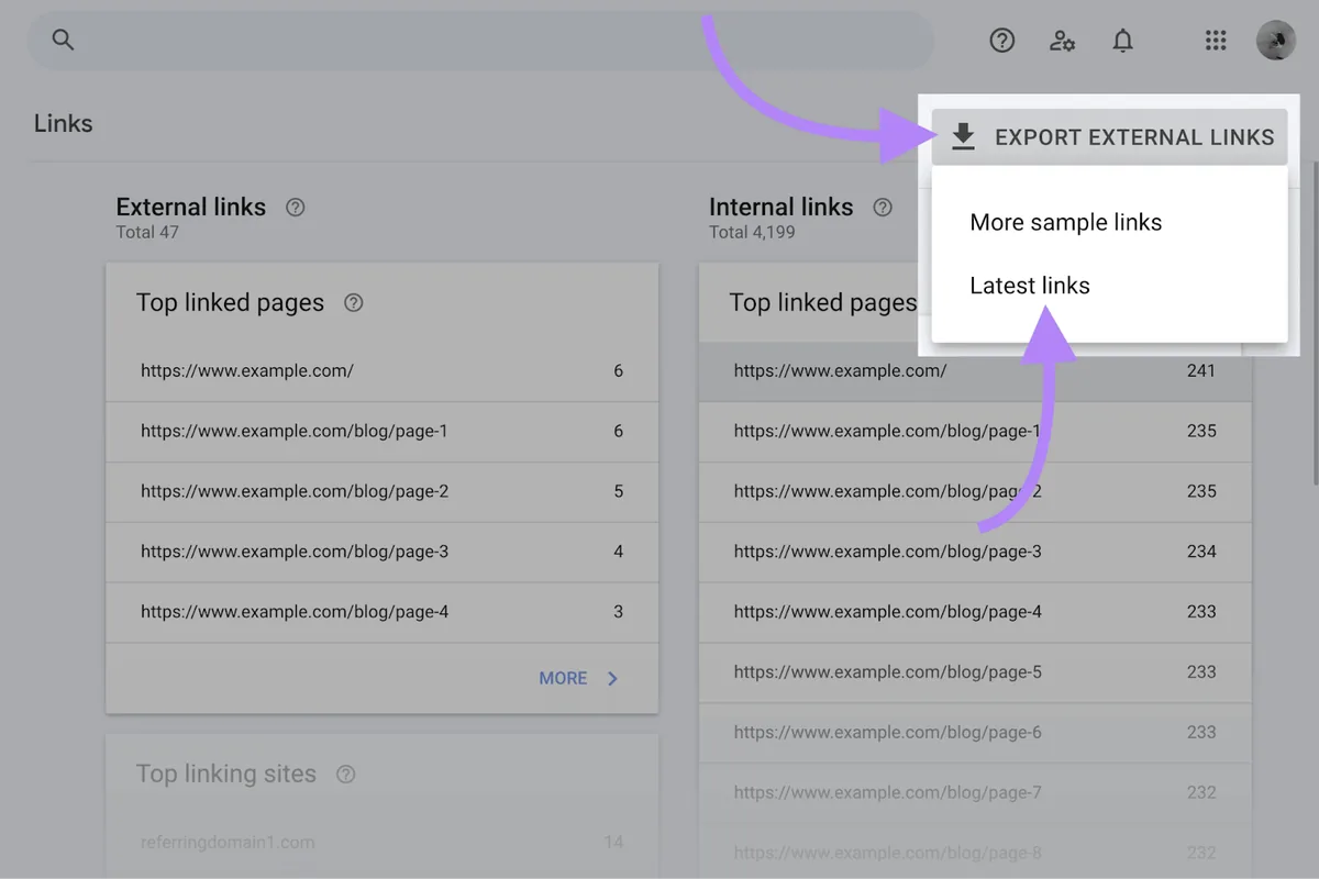 Google Search Console“Links”报告中的“导出内链”按钮