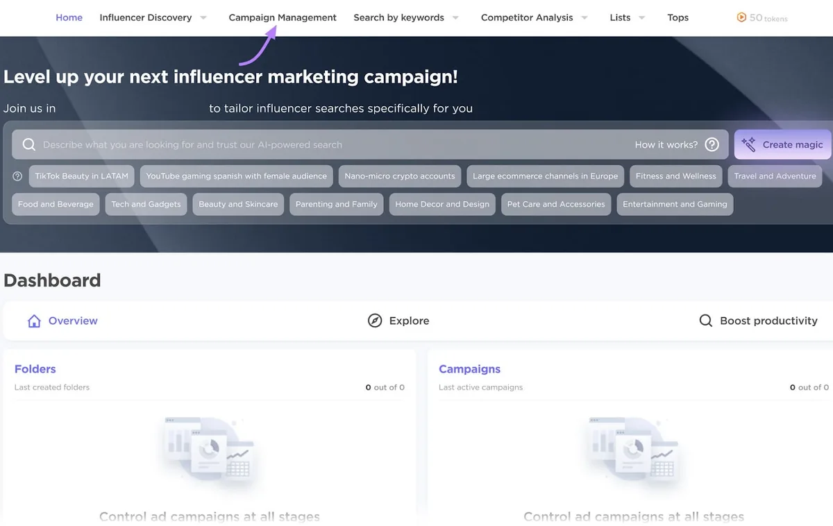 Influencer Analytics“Campaign Management”仪表板，包含导航栏、搜索选项和营销活动部分。