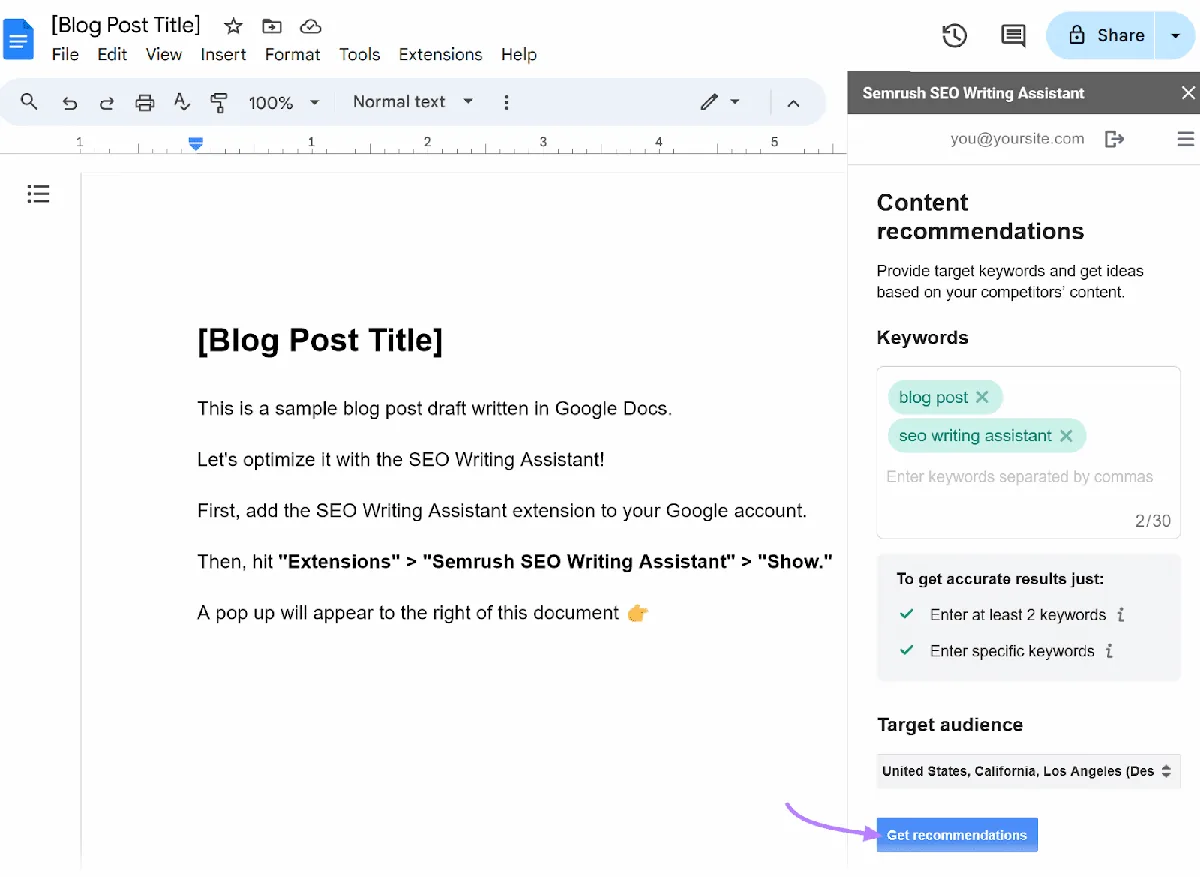 Google Docs 界面显示一篇博客文章草稿,并带有 Semrush SEO Writing Assistant 侧边栏。
