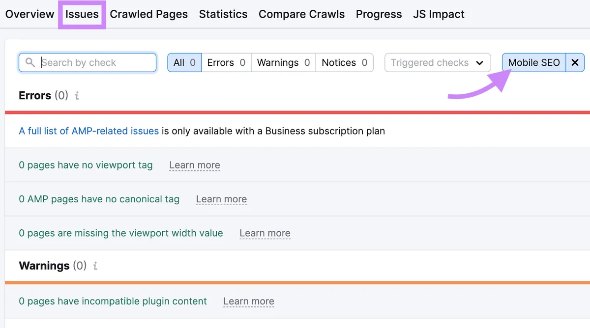 Site Audit 中“Mobile SEO”类别的“Issues”标签页