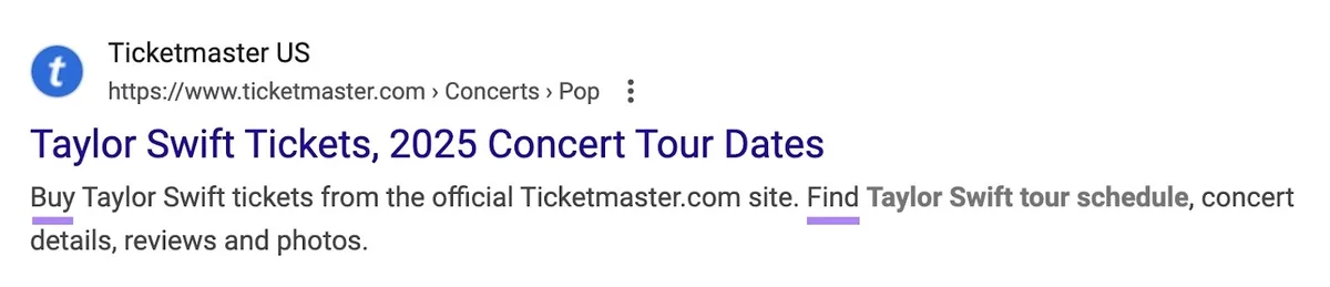 Ticketmaster 的元描述使用以“Buy”和“Find”开头的祈使句,鼓励用户采取行动。