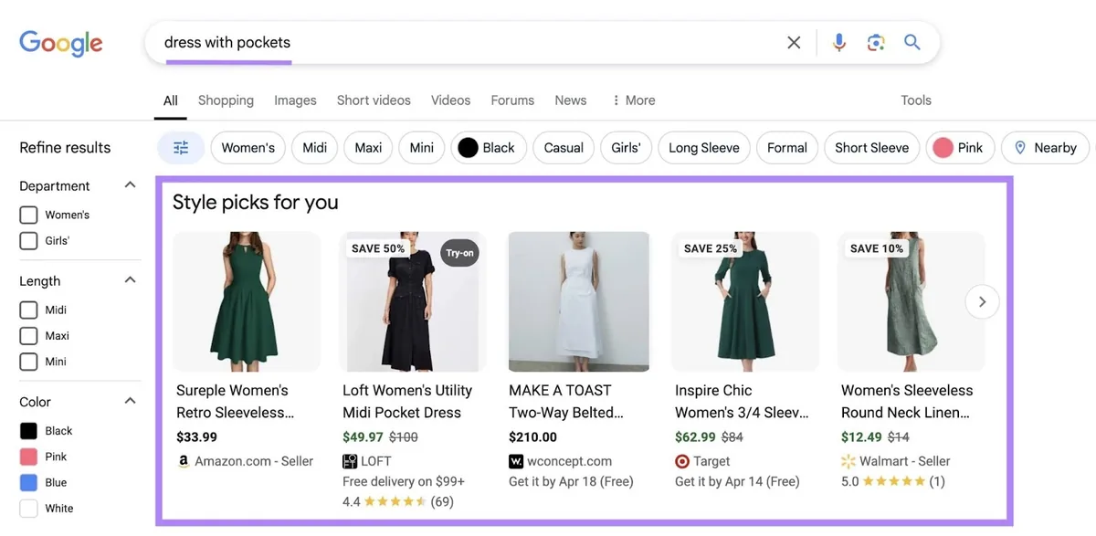 词条“dress with pockets”的 Google 搜索结果页面，出现在顶部的商品列表已高亮显示。