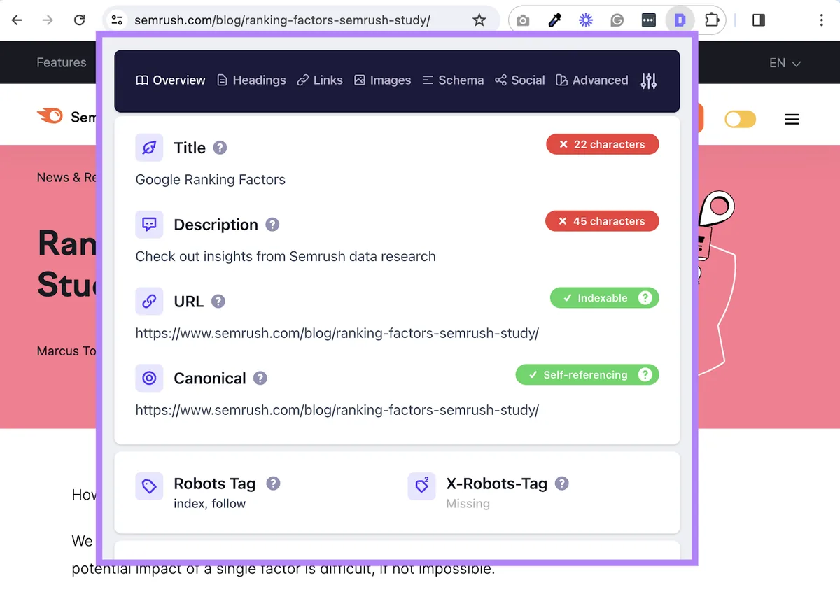 Detailed SEO Extension 窗口，显示页面的标题、描述、URL、规范标签和 robots 标签数据